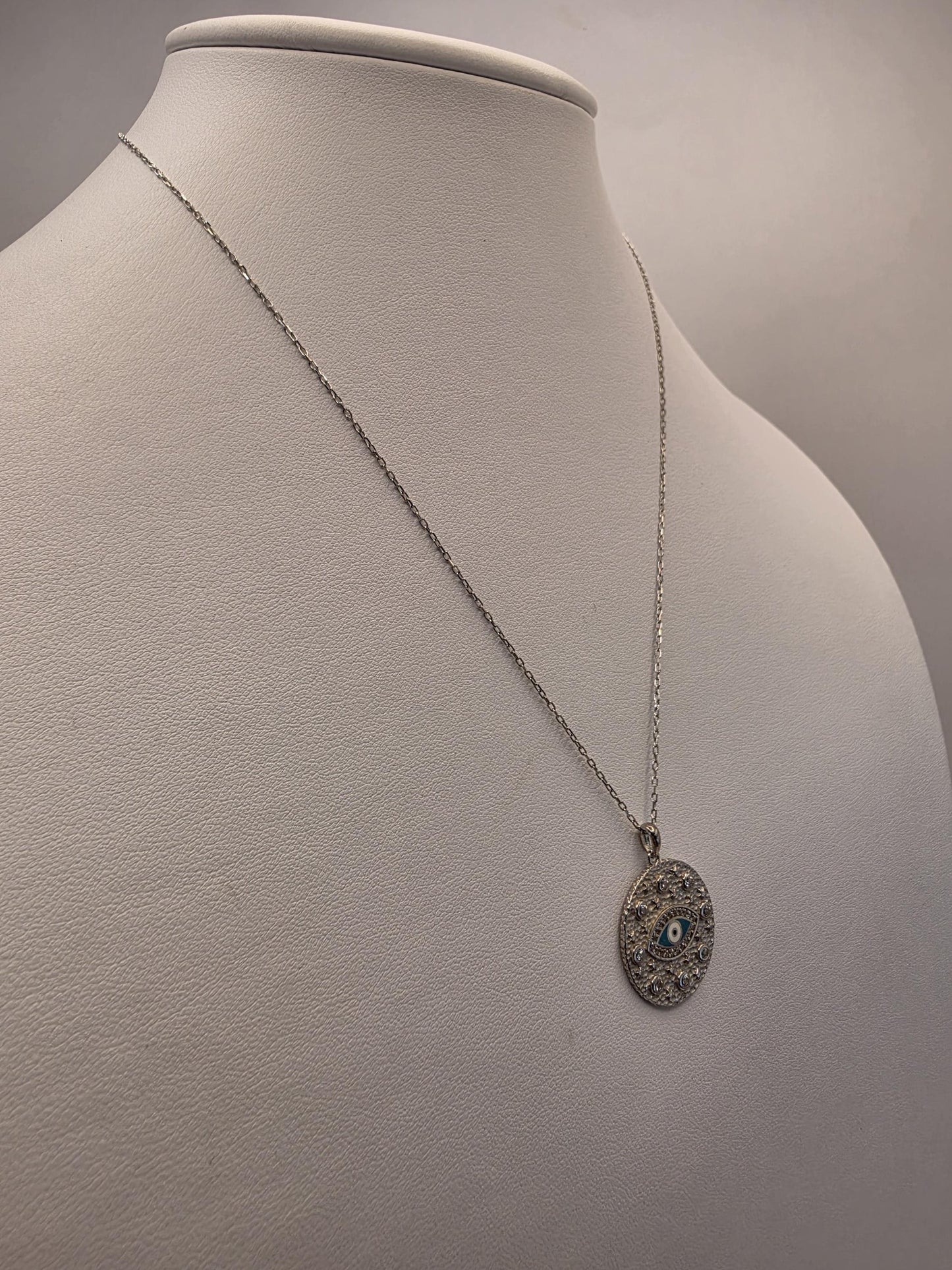 Sterling Silver Evil Eye Pendant Necklace | 925 Silver | CZ Disc | 17 Inch | Protection Charm | Womens Gift Jewelry