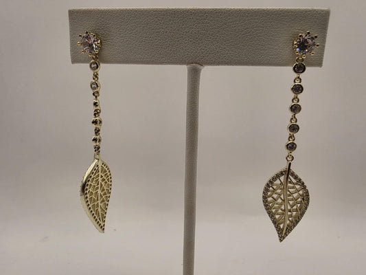 Gold Plated Sterling Silver CZ Leaf Drop Earrings 51mm Long Dangle Filigree Leaf 925 Womens 5.5g