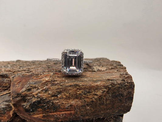 Sterling Silver Emerald Cut CZ Halo Engagement Style Ring Size 7.25 Solitaire 925 Women 3g