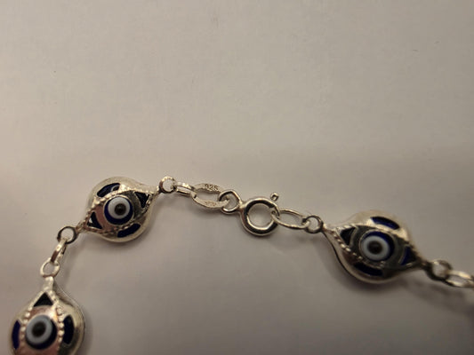 Sterling Silver Evil Eye Bracelet | 925 Silver | 7.5 Inch | Blue Enamel Eyes | Protection Charm | Womens Eye Bracelet
