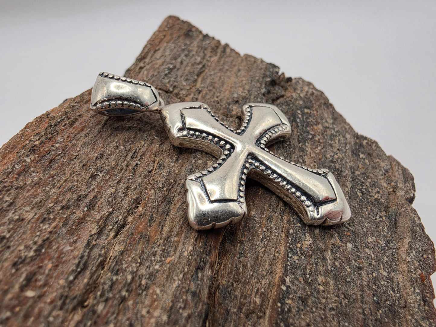 Sterling Silver Gothic Cross Pendant | 925 Silver | Beaded Budded Cross | 1.5 Inch | Mens Womens Faith Jewelry Pendant