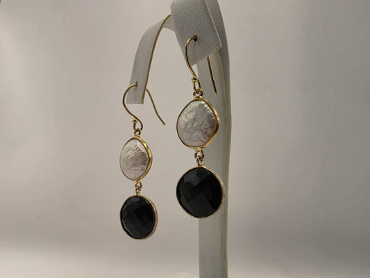 Gold Plated Pearl Onyx Drop Earrings | 925 Silver | Freshwater Pearl & Black Onyx | Womens Dangle Drop Earrings Gift