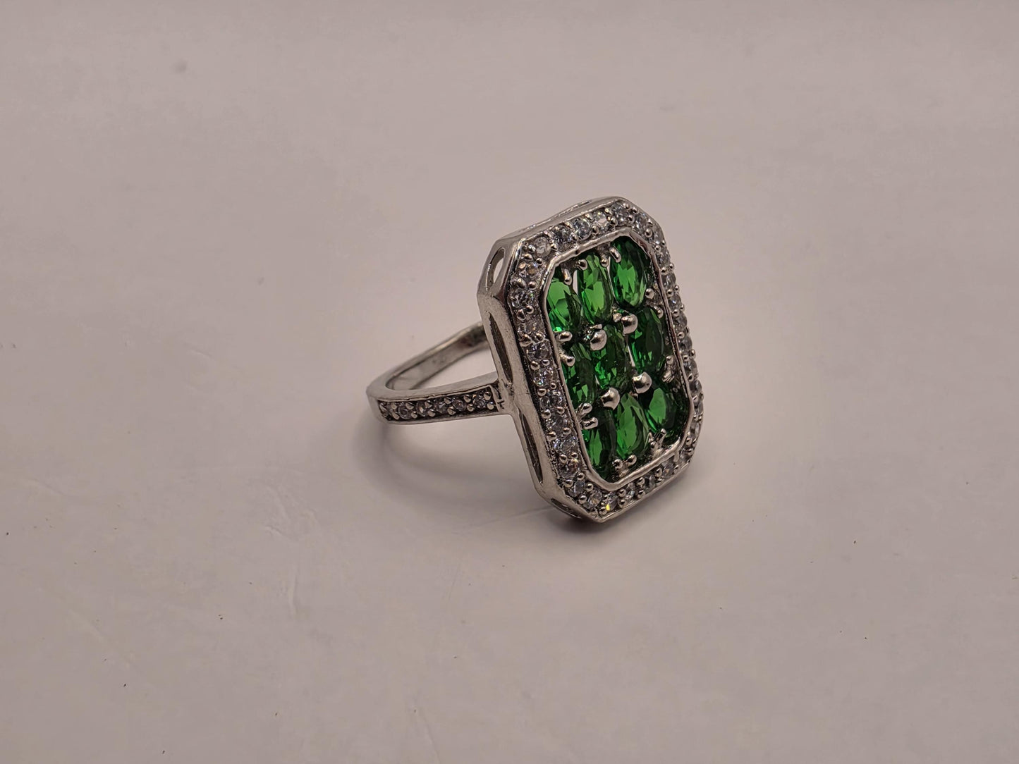 Sterling Silver Green CZ Ring | 925 Silver | Halo Cluster | Size 6.5 | Emerald Green Stones | Womens Statement Ring