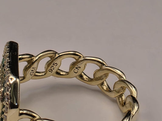 Gold Plated Emerald Green CZ Statement Ring Baguette Halo Cuban Curb Chain Band Size 5 Cocktail Ring Green White Stone Jewelry Gift for Her