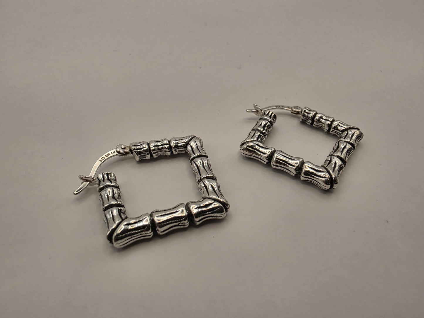 Sterling Silver Square Bamboo Hoop Earrings 1" 925 Vintage 90s Style Statement Door Knocker Jewelry Gift for Her Womens