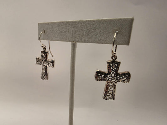 Sterling Silver Bali Filigree Cross Dangle Earrings 925 Christian Religious Faith Scrollwork Jewelry Gift for Her