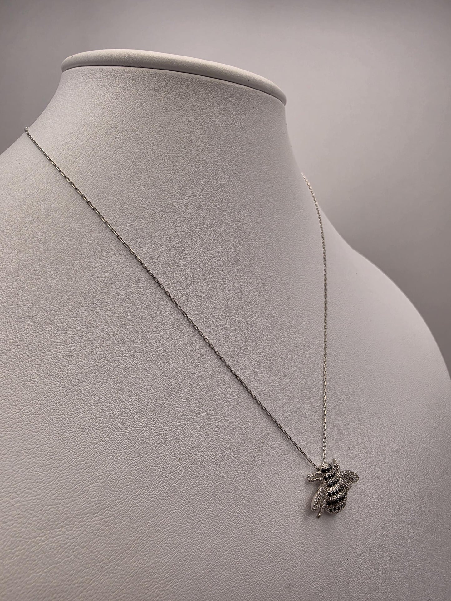 Sterling Silver Bee Pendant Necklace | 925 Silver | 17 Inch | Pave CZ Bumble Bee Charm