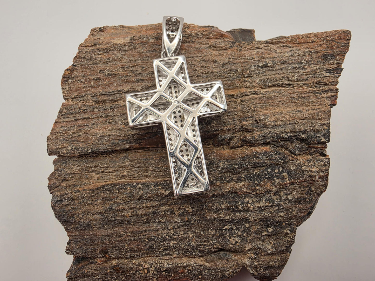 Sterling Silver Pave CZ Double Cross Pendant | 925 Silver | 37.7mm | Iced Out Cross Charm