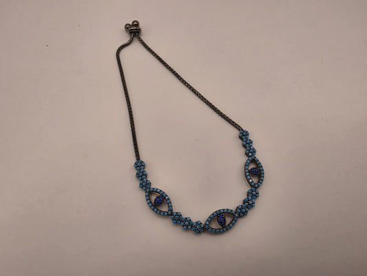 Sterling Silver Oxidized Turquoise CZ Evil Eye Bolo Bracelet | 925 Silver | 8.5 Inch Adjustable