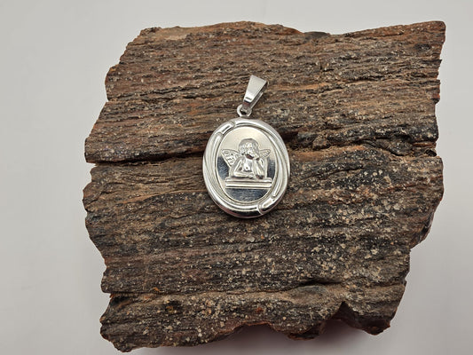 Sterling Silver Guardian Angel Pendant, Oval Medal, 925 Silver, 1 in, Religious Angel Pendant, Protection Jewelry, Faith Gift for Her