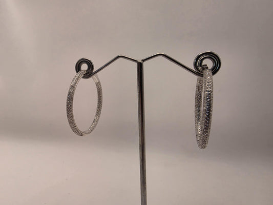 Sterling Silver Pave CZ Hoop Earrings | 925 Silver | 1.125 Inch | Sparkling Cubic Zirconia Hoops | Womens Hoops