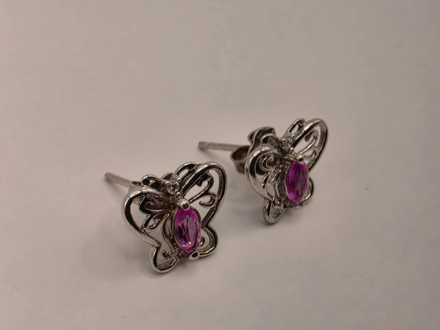 Sterling Silver Butterfly Stud Earrings | 925 Silver | Pink CZ | Filigree Butterfly Studs | Womens Dainty Stud Earrings