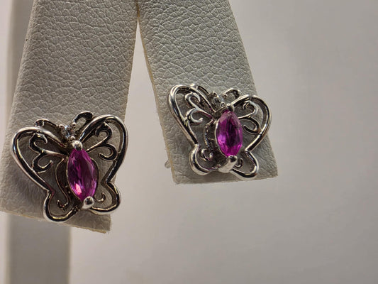 Sterling Silver Butterfly Stud Earrings | 925 Silver | Pink CZ | Filigree Butterfly Studs | Womens Dainty Stud Earrings