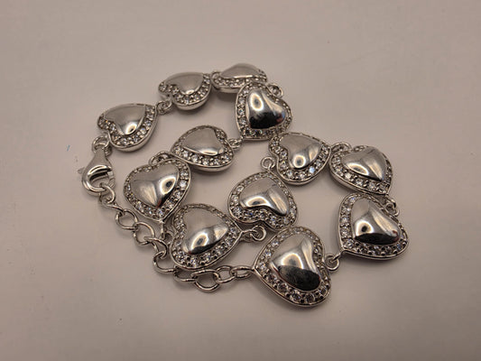 Sterling Silver Heart Bracelet | 925 Silver | 8.5 Inch | CZ Halo Puffed Hearts | Womens Romantic Link Bracelet