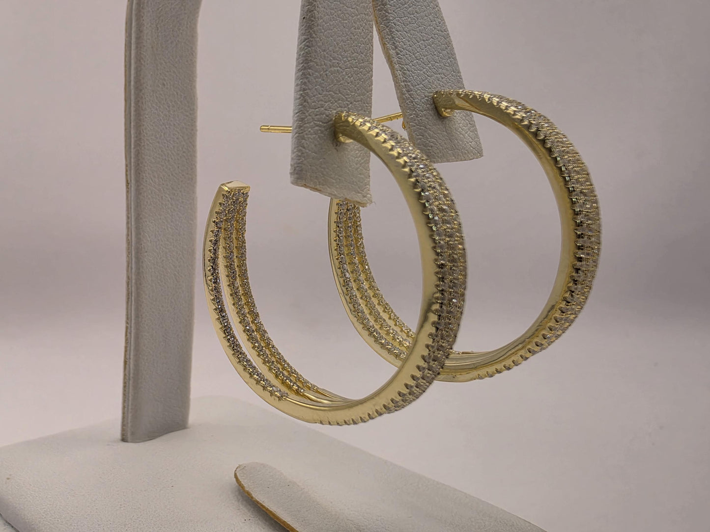 Gold Plated Hoop Earrings | 925 Silver | 1.275 Inch | Multi Row CZ Trim | Womens Sparkle Statement Gold Hoops