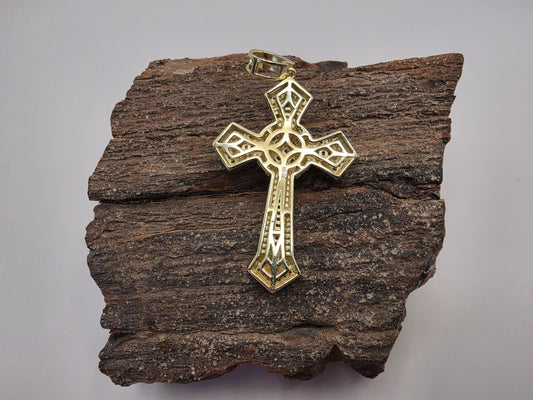 Gold Plated CZ Cross Pendant | 925 Silver | Iced Baguette & Round CZ | 2 Inch | Mens Womens Hip Hop Cross Pendant
