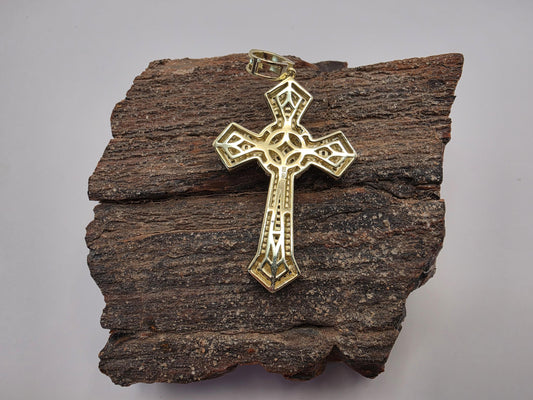 Gold Plated CZ Cross Pendant | 925 Silver | Iced Baguette & Round CZ | 2 Inch | Mens Womens Hip Hop Cross Pendant
