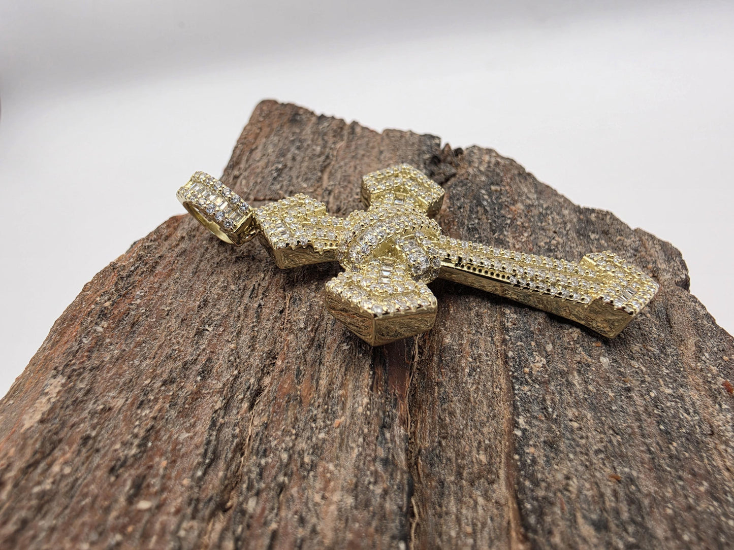 Gold Plated CZ Cross Pendant | 925 Silver | Iced Baguette & Round CZ | 2 Inch | Mens Womens Hip Hop Cross Pendant