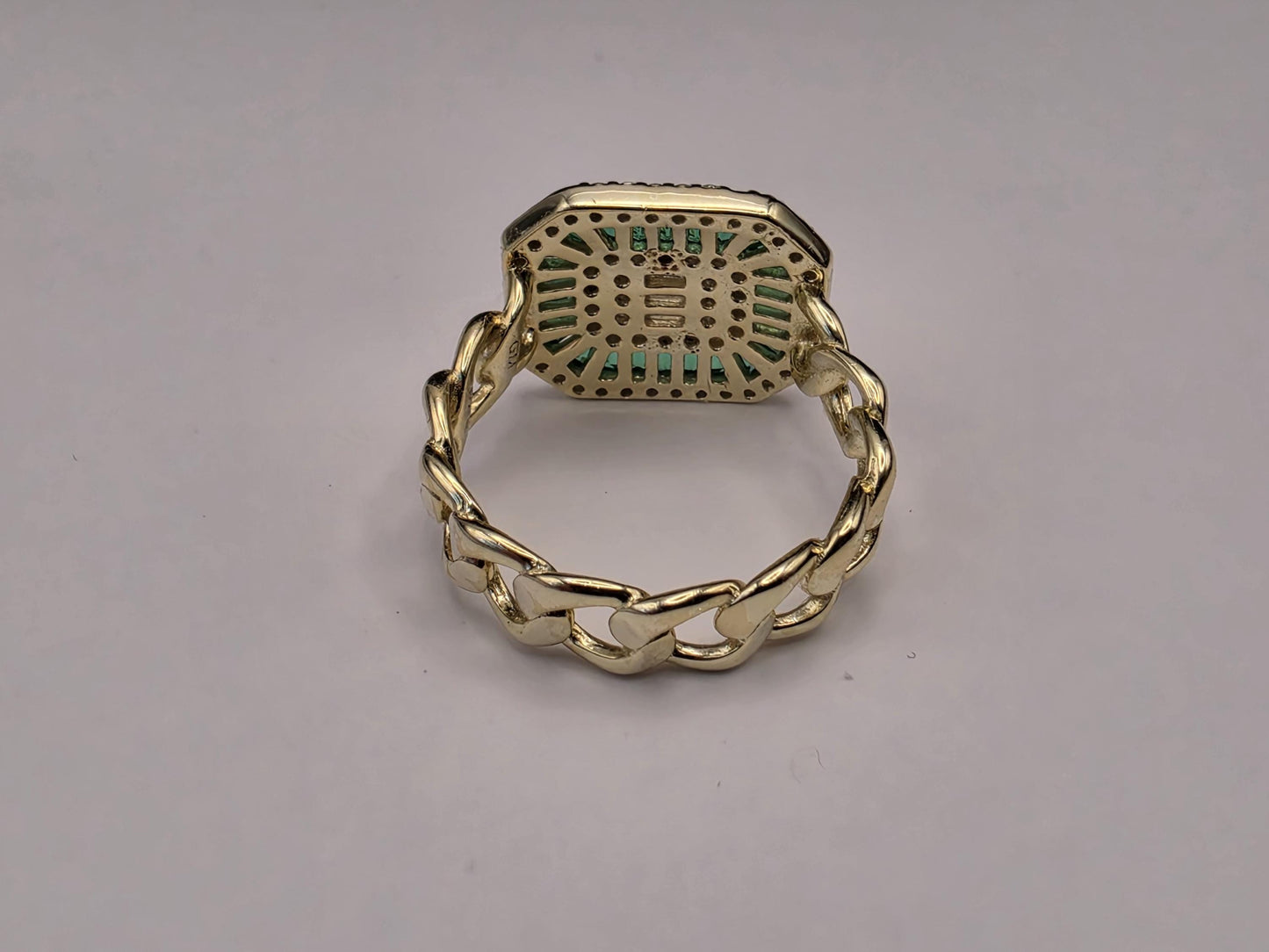 Gold Plated Emerald Green CZ Statement Ring Baguette Halo Cuban Curb Chain Band Size 5 Cocktail Ring Green White Stone Jewelry Gift for Her