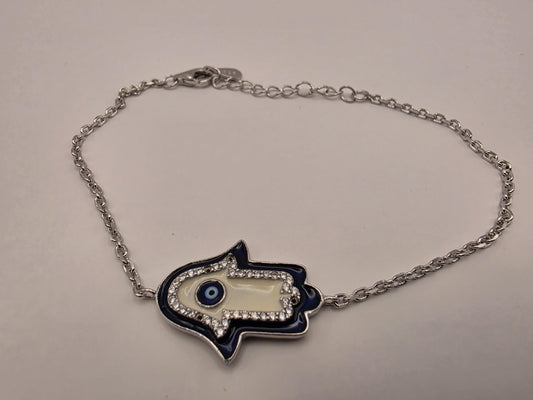 Sterling Silver Hamsa Hand Bracelet, Evil Eye, CZ and Enamel, 925 Silver, 8 in, Dainty Chain Bracelet, Protection Jewelry, Gift for Her