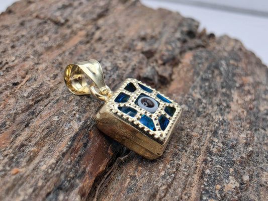 14K Yellow Gold Evil Eye Pendant Blue Glass Square Charm Nazar Protection Good Luck Jewelry Gift Turkish Greek Amulet Necklace Charm