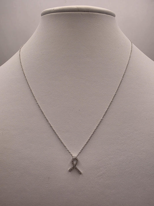 14K White Gold Diamond Awareness Ribbon Necklace Pave Ribbon Pendant Hope Support Survivor Jewelry Meaningful Gift Dainty Everyday 18 Inch