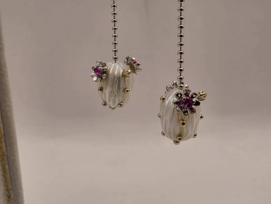 14K White Gold Ruby and Pearl Dangle Earrings Floral Ruby Freshwater Pearl Drop Ball Chain Long Earrings July Birthstone Gift for Her