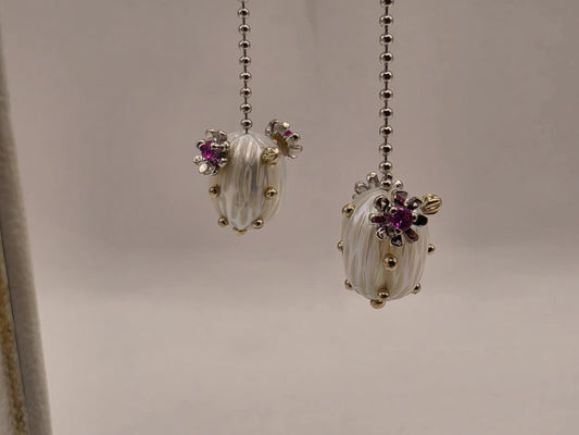 14K White Gold Ruby and Pearl Dangle Earrings Floral Ruby Freshwater Pearl Drop Ball Chain Long Earrings July Birthstone Gift for Her
