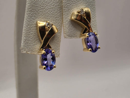 14K Yellow Gold Tanzanite Diamond Stud Earrings Oval Natural Tanzanite Studs December Birthstone Purple Blue Gemstone Gift for Her