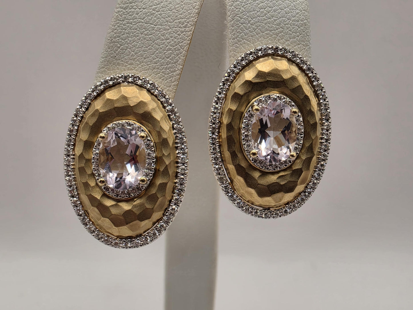 14K Yellow Gold Pink Amethyst Diamond Earrings Hammered Oval Halo Omega Back Statement Earrings Fine Jewelry Gift for Her Estate Style