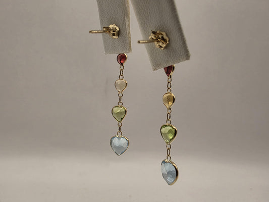 14K Yellow Gold Multi Gemstone Drop Earrings Amethyst Garnet Citrine Peridot Blue Topaz Heart Linear Dangle Earrings Gift for Her