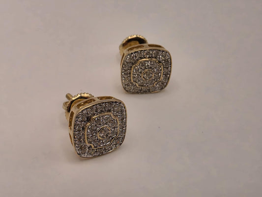 10K Yellow Gold Diamond Cluster Stud Earrings Pave Natural Diamond Square Cushion Studs Screw Back Fine Jewelry Gift for Him Her