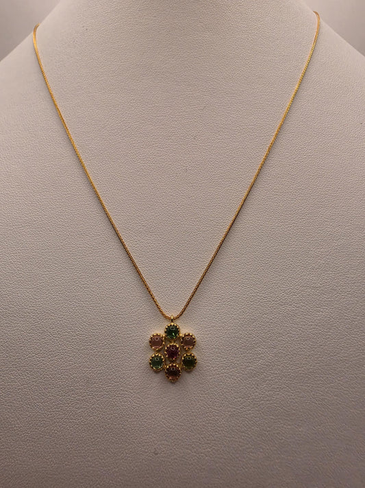 14K Yellow Gold Pink Green Tourmaline Flower Necklace Cabochon Gemstone Cluster Pendant Vintage Floral 18 Inch