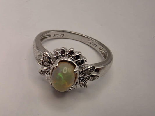 925 Sterling Silver Fire Opal Ring Genuine Diamond Accent Oval Opal Womens Cocktail Ring October Birthstone Fine Jewelry Gift for Her