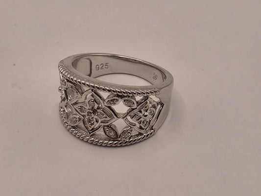 925 Sterling Silver Diamond Band Ring Genuine Diamond 0.08ct Openwork Floral Fancy Band Womens Fine Jewelry Anniversary Ring Gift for Her
