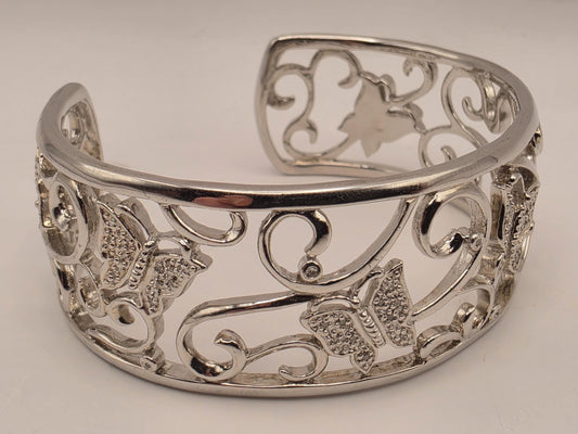 Sterling Silver Diamond Butterfly Cuff Bracelet 925 Openwork Filigree Scroll Genuine Diamonds Adjustable Statement Wide Band Womens Gift