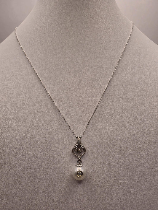 14K White Gold Pearl and Diamond Drop Necklace Vintage Filigree Cultured Pearl Pendant Milgrain Antique Style Bridal Gift for Her 18 Inch