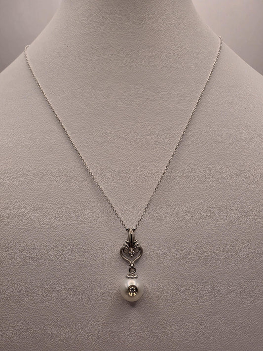 14K White Gold Pearl and Diamond Drop Necklace Vintage Filigree Cultured Pearl Pendant Milgrain Antique Style Bridal Gift for Her 18 Inch
