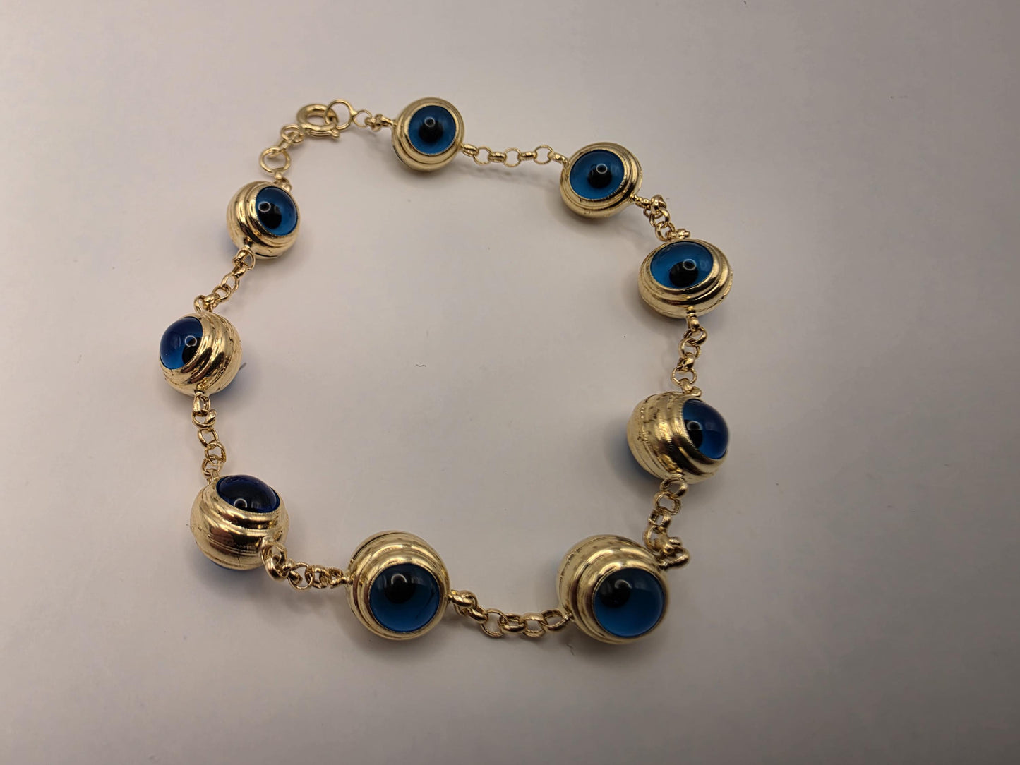 14K Yellow Gold Evil Eye Bracelet Blue Glass Bead Nazar Protection Good Luck Turkish Greek Amulet Fine Jewelry Gift for Her 7.5 Inch