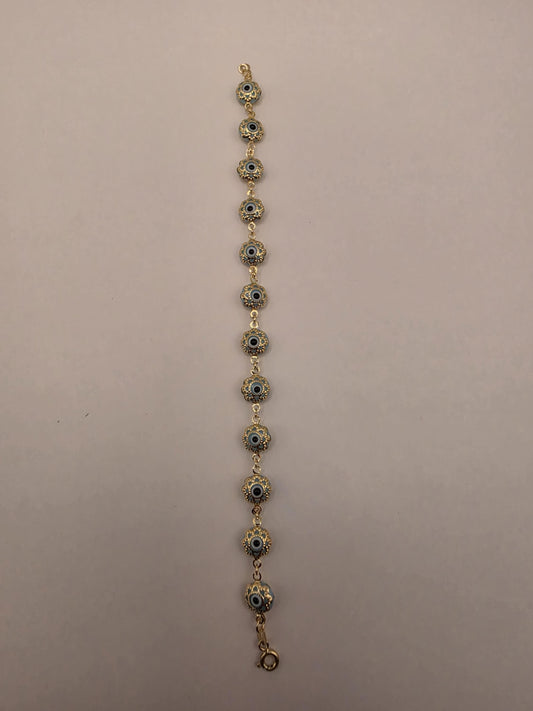 14K Yellow Gold Evil Eye Bracelet Blue Flower Glass Bead Nazar Protection Good Luck Turkish Greek Amulet Fine Jewelry Gift for Her 7 Inch