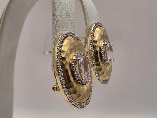 14K Yellow Gold Pink Amethyst Diamond Earrings Hammered Oval Halo Omega Back Statement Earrings Fine Jewelry Gift for Her Estate Style