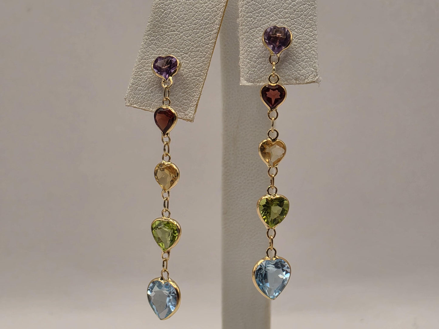 14K Yellow Gold Multi Gemstone Drop Earrings Amethyst Garnet Citrine Peridot Blue Topaz Heart Linear Dangle Earrings Gift for Her