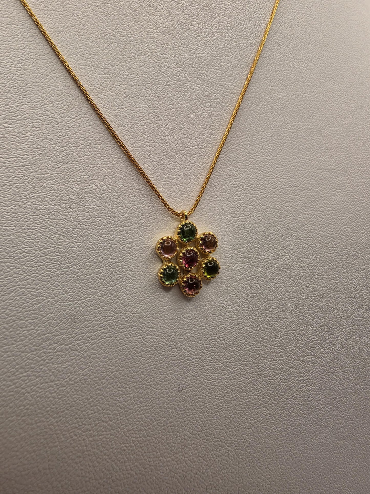 14K Yellow Gold Pink Green Tourmaline Flower Necklace Cabochon Gemstone Cluster Pendant Vintage Floral 18 Inch