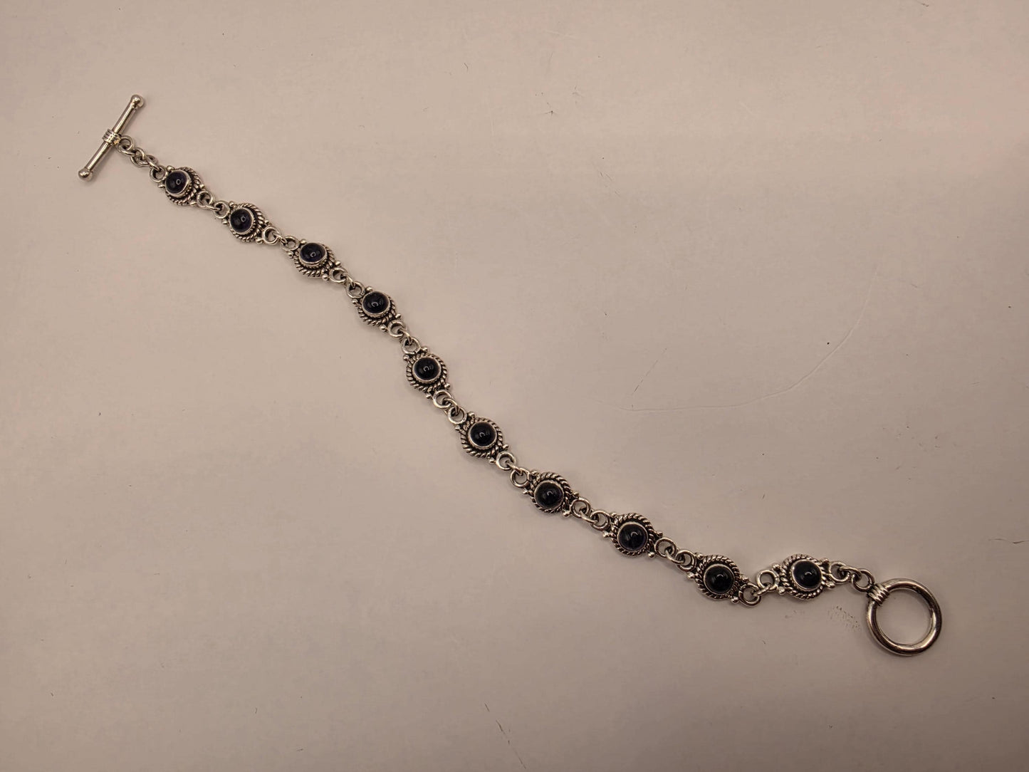 Genuine Iolite Bracelet Sterling Silver Round Cabochon Link Toggle Clasp 8 Inch Blue Violet Water Sapphire Color Bali Rope Bezels Gift Her