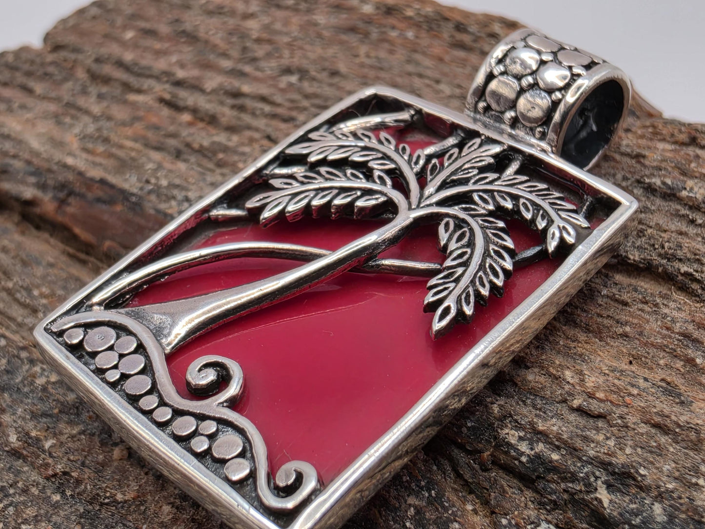 Sterling Silver Palm Tree Pendant Red Inlay Reversible Bali Beach Scene 1.125 Inch Tropical Vacation Jewelry Gift for Her