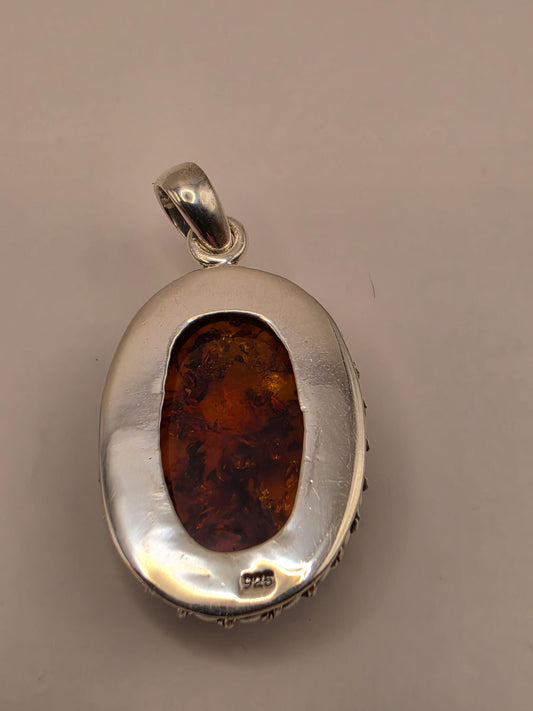 Genuine Baltic Amber Pendant Sterling Silver Oval Cabochon Rope Twist Bezel 27mm Honey Cognac Sun Spangles Natural Fossil Gift for Her
