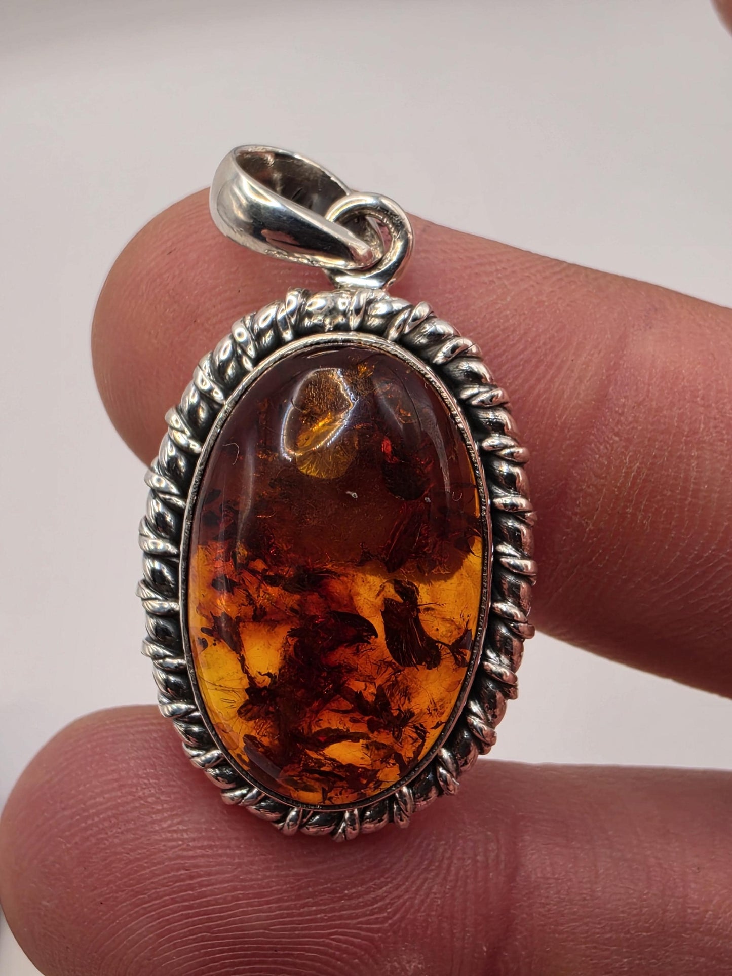Genuine Baltic Amber Pendant Sterling Silver Oval Cabochon Rope Twist Bezel 27mm Honey Cognac Sun Spangles Natural Fossil Gift for Her