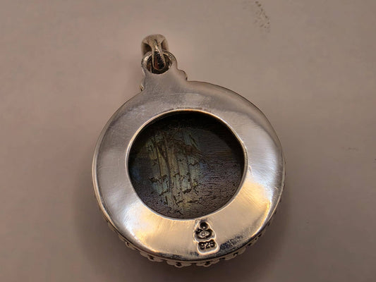 Labradorite Pendant Sterling Silver Round Cabochon Beaded Halo Frame 1 Inch Blue Green Flash Aurora Stone Mystical Gift for Her