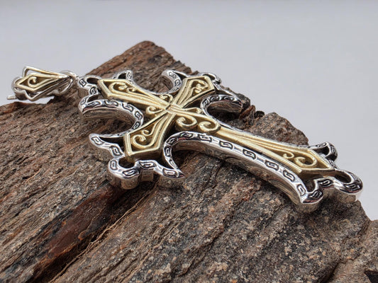 Two Tone Cross Pendant Sterling Silver Gold Tone Accent Ornate Scrollwork Large 2.25 Inch Statement Christian Faith Gift for Her or Him