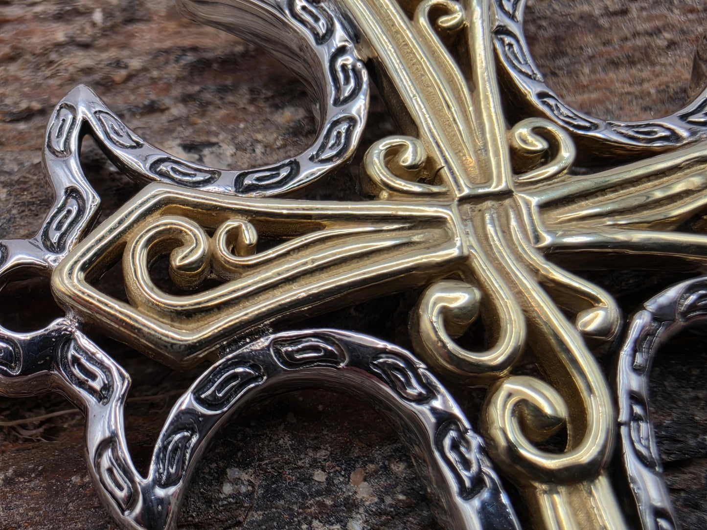 Two Tone Cross Pendant Sterling Silver Gold Tone Accent Ornate Scrollwork Large 2.25 Inch Statement Christian Faith Gift for Her or Him